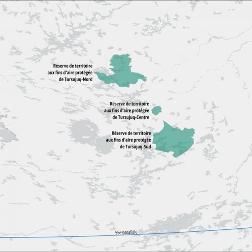 Map of Tursujuq-Nord, Tursujuq-Centre and Tursujuq-Sud territorial reserves for protected area purposes (Cartes des réserves de territoire aux fins d’aire protégée de Tursujuq-Nord, Tursujuq-Centre et Tursujuq-Sud)