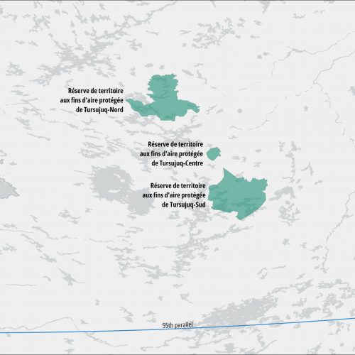 Map of Tursujuq-Nord, Tursujuq-Centre and Tursujuq-Sud territorial reserves for protected area purposes (Cartes des réserves de territoire aux fins d’aire protégée de Tursujuq-Nord, Tursujuq-Centre et Tursujuq-Sud)